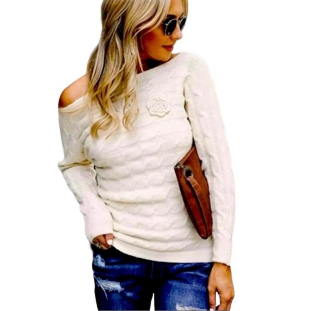 NWT Military Hippie Chunky Knit Ivory Off Shoulder Sweater Small Medium